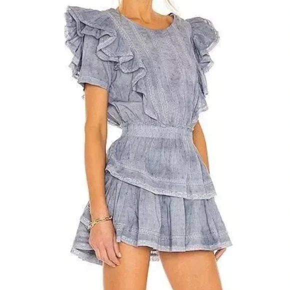 LoveShackFancy Natasha Dress Washed Denim Blue Ruffle Mini - Picture 4 of 11